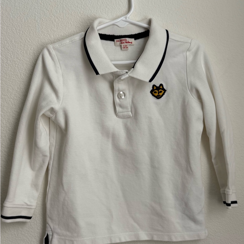 Du Pareil (European Brand) White Long Sleeve Polo Shirt with embroidered patch